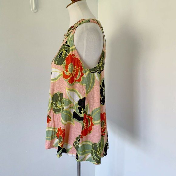 Crown & Ivy Sleeveless Braid Trim Tank Top Shirt Blouse Floral Coral Orange M - Picture 5 of 10